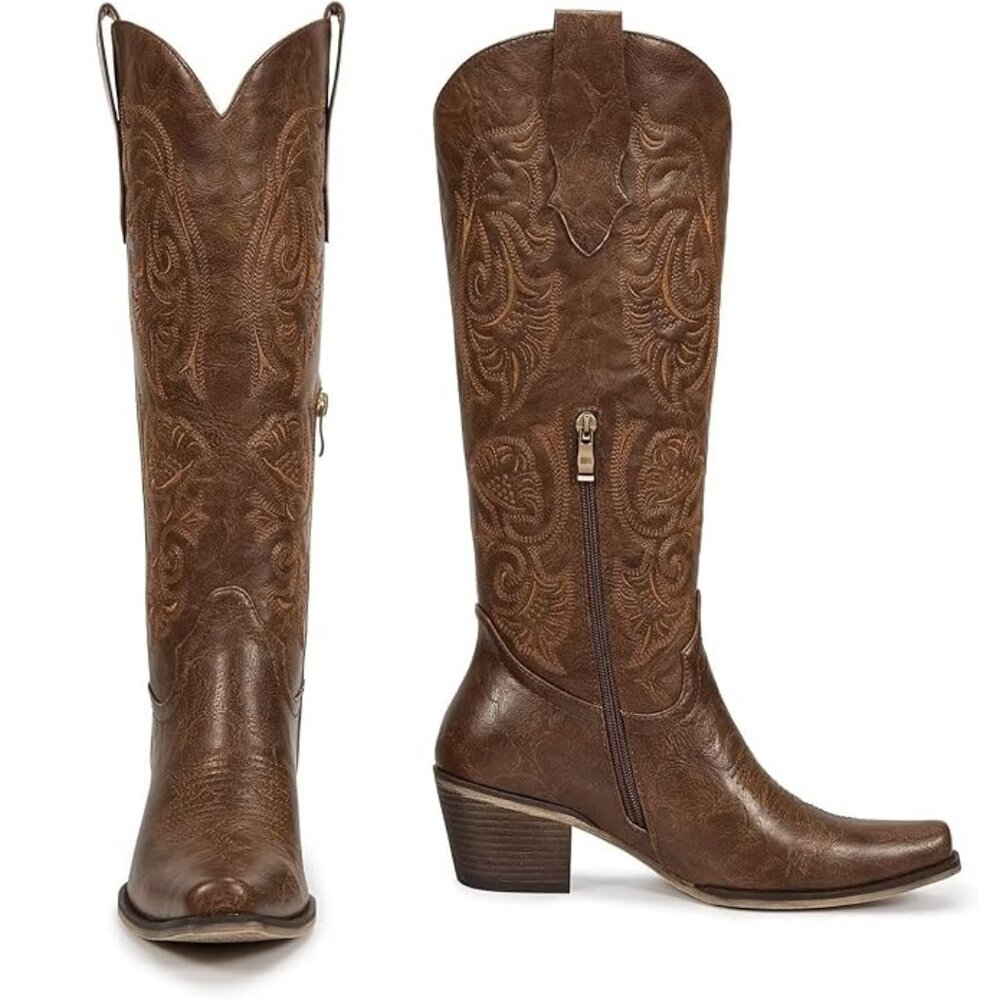 Wetkiss Brown Cowboy Boots Floral Embroidered Cowgirl Classic Tall Boots 6.5 NEW - Picture 4 of 6